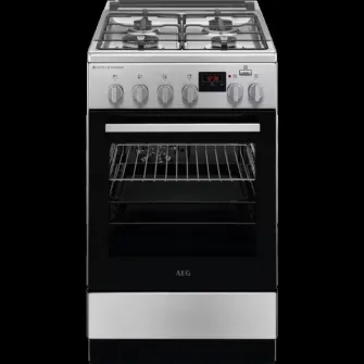 Aragaz AEG CKB56490BW, Mixt, 4 arzatoare , Siguranta plita, Aprindere integrata, Gratare fonta, Cuptor electric, SteamBake, AirFry, Timer, Grill electric, Clasa A, 50 cm, Alb