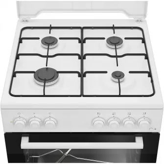 Aragaz Beko FSST62110DW, Mixt, 4 arzatoare cu eficienta ridicata, Aprindere electrica, Grill, Rotisor, Clasa A, 60 cm, Alb