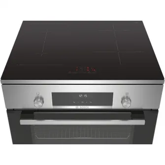 Aragaz Bosch HLS59D351, Electric, Plita inductie, 4 zone gatit , Control electronic, Cuptor electric, 66 L, Grill, Autocuratare EcolClean + hidrolitica, 3D Hotair, 2 suporti telescopici, sertar depozitare, Timer, 60 cm, Inox