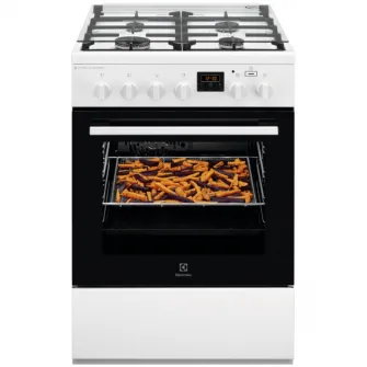 Aragaz Electrolux LKK660220W, Mixt, 4 arzatoare , Siguranta plita, Aprindere integrata, Cuptor electric, Plus Steam, AirFry, Timer, Grill electric, Clasa A, 60 cm, Alb