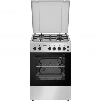 Aragaz Heinner HFSC-S50LITGSL, Gaz, 4 arzatoare, Aprindere electrica plita/cuptor, Dispozitiv de siguranta plita/cuptor, Timer, Grill, Lumina cuptor, 50 cm, Argintiu