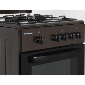 Aragaz Heinner HFSC-SME50BRW, Gaz, 4 arzatoare, Dispozitiv siguranta plita si cuptor, 50 cm, Maro