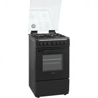 Aragaz Heinner HFSC-V60LITGC-BK, Mixt, 4 arzatoare, Aprindere electrica plita, Dispozitiv de siguranta plita, Cuptor electric, 6 functii, Timer, Grill, Duze GPL incluse, Tava si gratar cromat, 60 cm, Negru