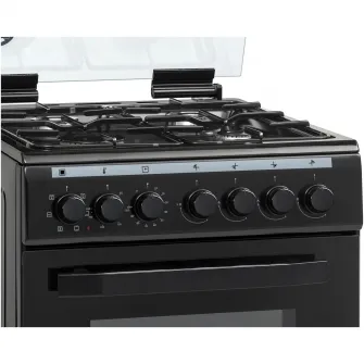 Aragaz Heinner HFSC-V60LITGC-BK, Mixt, 4 arzatoare, Aprindere electrica plita, Dispozitiv de siguranta plita, Cuptor electric, 6 functii, Timer, Grill, Duze GPL incluse, Tava si gratar cromat, 60 cm, Negru