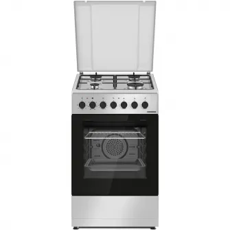Aragaz mixt Heinner HFSC-S60LITGC-SL, 4 arzatoare, aprindere electrica plita, cuptor electric, clasa A, timer, grill, ventilatie, sertar inferior vase, 50x60 cm, argintiu