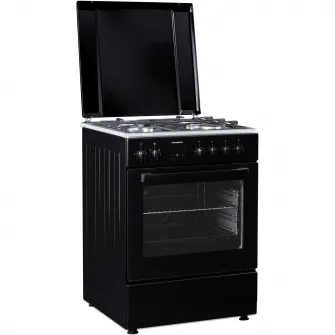 Aragaz mixt Heinner HFSC-S66FDCC-IBK, digital, 4 arzatoare, cuptor electric, autocuratare catalitica, timer, grill, ventilatie, aprindere electrica plita, sertar inferior vase, 60x60 cm, negru