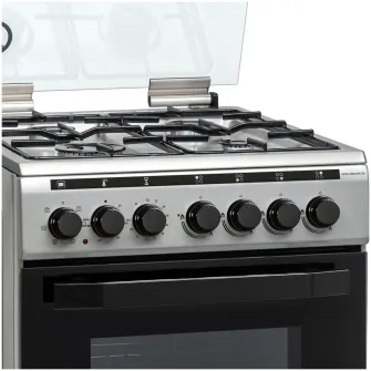 Aragaz mixt Heinner HFSC-V60LITGC-SS, 4 arzatoare gaz, Dispozitiv de siguranta plita, Aprindere electrica, Cuptor electric, Timer, Grill, Clasa A, 50 cm, Inox
