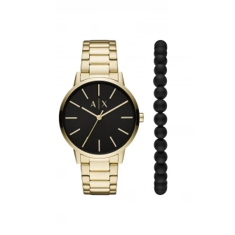 Armani Exchange, Set de ceas metalic si bratara cu margele, Auriu