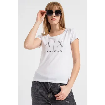 ARMANI EXCHANGE, Tricou cu aplicatii logo cu strasuri, Alb, Argintiu, Negru, S