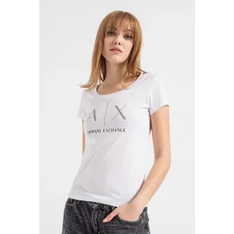 ARMANI EXCHANGE, Tricou cu aplicatii logo cu strasuri, Alb, Argintiu, Negru, S