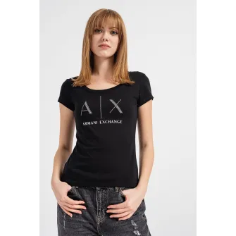 ARMANI EXCHANGE, Tricou cu aplicatii logo cu strasuri, Alb, Negru stins, Argintiu, M