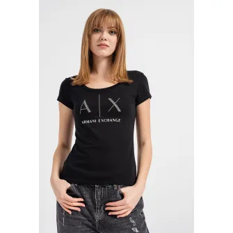 ARMANI EXCHANGE, Tricou cu aplicatii logo cu strasuri, Alb, Negru stins, Argintiu, XS