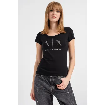 ARMANI EXCHANGE, Tricou cu aplicatii logo cu strasuri, Alb, Negru stins, Argintiu, M