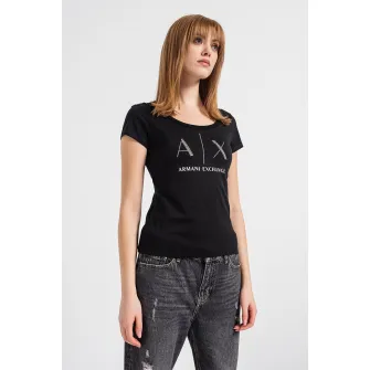ARMANI EXCHANGE, Tricou cu aplicatii logo cu strasuri, Alb, Negru stins, Argintiu, M