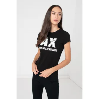 ARMANI EXCHANGE, Tricou cu logo si strasuri, Alb, Negru, M