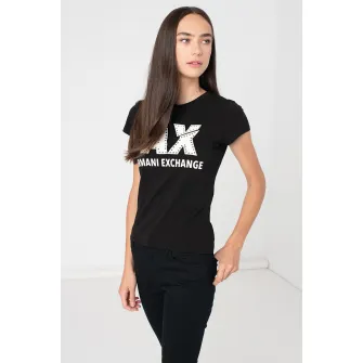 ARMANI EXCHANGE, Tricou cu logo si strasuri, Alb, Negru, S