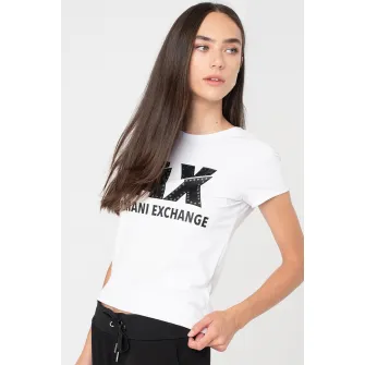 ARMANI EXCHANGE, Tricou cu logo si strasuri, Alb optic, Negru, M