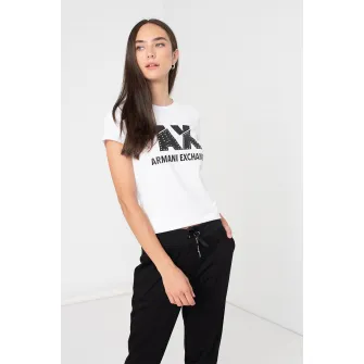 ARMANI EXCHANGE, Tricou cu logo si strasuri, Alb optic, Negru, M