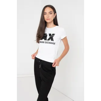 ARMANI EXCHANGE, Tricou cu logo si strasuri, Alb optic, Negru, M