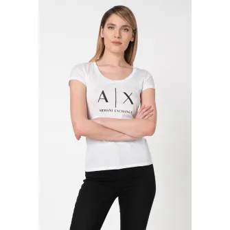 ARMANI EXCHANGE, Tricou slim fit cu imprimeu logo, Alb, Negru, S