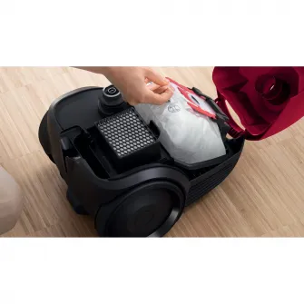 Aspirator cu sac Bosch Serie 2 BGBS2RD1H, filtru igienic, capacitate sac 3.5L, 10 ani garantie motor, consum anual de energie: 26.7 kWh/an, rosu