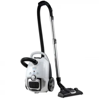 Aspirator cu sac Heinner, operare silentioasa 69dB, filtru HEPA 12, perie ECO, putere 700W, putere de absorbtie 150W, sac textil 3L, tub din metal, viteza variabila, indicator sac plin, spatiu depozitare accesorii, lungime cablu alimentare 7m, Alb