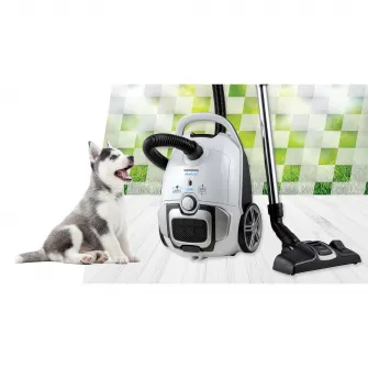 Aspirator cu sac Heinner, operare silentioasa 69dB, filtru HEPA 12, perie ECO, putere 700W, putere de absorbtie 150W, sac textil 3L, tub din metal, viteza variabila, indicator sac plin, spatiu depozitare accesorii, lungime cablu alimentare 7m, Alb