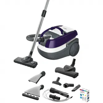 Aspirator cu spalare Bosch BWD41740, 1700 W, 5 L, Filtru Epa, Perie Turbo, tub telescopic din metal, Alb/Mov