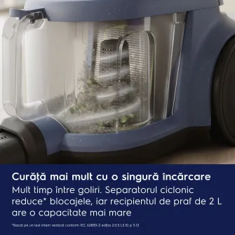Aspirator fara sac Electrolux 500 EL51C1LDB, 850 W, recipient praf 2l, filtrare HEPA, raza de actiune 9 m, perie premium AllFloor, tub metalic telescopic cu blocare, albastru denim/negru