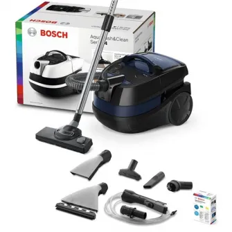 Aspirator multifunctional cu spalare Bosch WetDry BWD41700, 1700W, sac 2.5L, rezervor apa 5L, perie tapiterie, perie mobilier, duza pentru spatii ingustefiltru EPA-lavabil, Negru