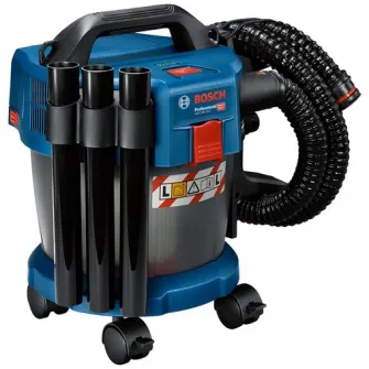 Aspirator pe acumulator Bosch Professional 06019C6302, 18 V, 115 mbari, 6 l volum recipient, curea de umar, 3 buc tub aspiratie, 1 adaptor scula electrica, furtun 1.6 m, duza rosturi, 4 roti, teava cu cot, filtru burduf praf, duza pardoseli