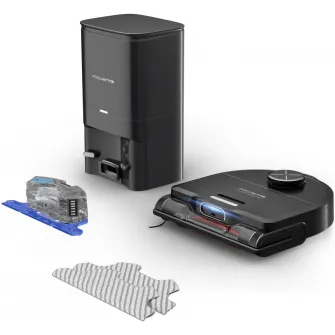 Aspirator robot Rowenta X-Plorer Serie 220+ RR9485WH, aspirator si mop, autonomie 120 min, recipient praf 0.35L, statie de incarcare si golire praf, mop Smart Aqua Power, negru