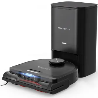 Aspirator robot Rowenta X-Plorer Serie 220+ RR9485WH, aspirator si mop, autonomie 120 min, recipient praf 0.35L, statie de incarcare si golire praf, mop Smart Aqua Power, negru