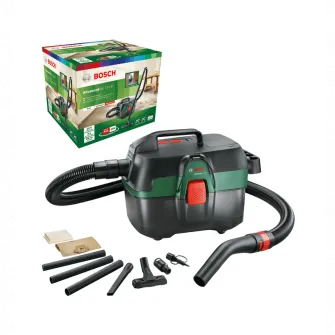 Aspirator umed/uscat pe acumulator Bosch AdvancedVac 06033E1000, 18 V, 92 mbari, 29 l/s flux volumic maxim, 8 l capacitate rezervor, adaptor universal, maner, furtun, 1 sac colector de praf, fara acumulator/incarcator