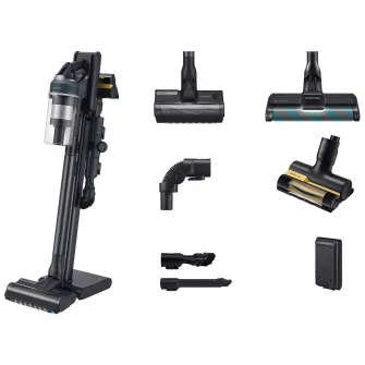 Aspirator vertical Samsung Jet 95 Complete VS20C9544TB/GE, 0.8L, 25.2V, 580W, Digital Inverter, Perie Jet Dual pentru covoare, Perie Slim LED pentru parchet, Perie Pet, Z-Station, 60 min autonomie, Negru-Albastru