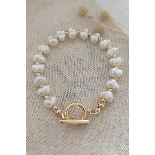 Atelier Miu, Bratara cu perle sintetice, Auriu, Alb
