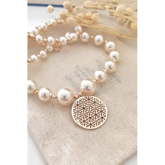 Atelier Miu, Colier cu perle sintetice si zirconia, Auriu, Alb