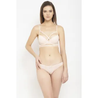 AVANT-GARDE PARIS, Set de sutien de dantela si chiloti cu barete multiple - 2 piese, Piersica, 36B