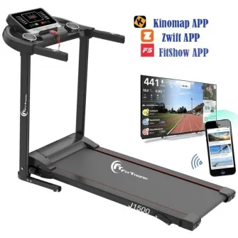 Banda de alergare electrica FitTronic J1500, motor de 2.0 CP, viteza pana la 12.8km/h, greutate suportata 110kg, aplicatii Fitshow, Kinomap, Zwift, inclinatie 3 trepte, intrare MP3, bluetooth
