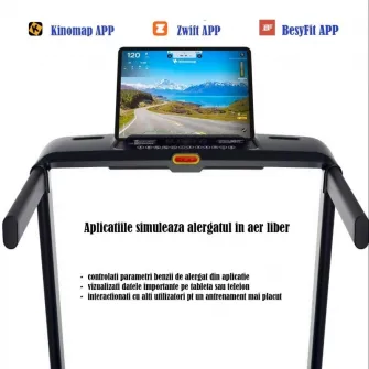 Banda de alergare FitTronic Delta 3500 PRO, motor 2 CP, viteza maxima 16 km/h, inclinatie electrica 25%, greutate suportata 120 kg, suprafata alergare 120 x 45 cm, Aplicatii Kinomap, Zwift, Besyfit