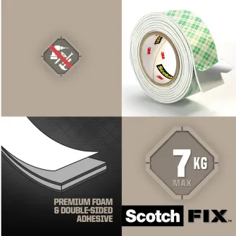 Banda dublu adeziva montare suprafete interioare, 19mmx1.5m, Scotch-Fix™ 3M