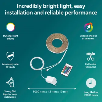 Banda LED RGB Philips, cu telecomanda, 10W, 250 lm, 5m
