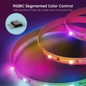 Banda LED RGBIC inteligenta Govee Basic H618C, Wi-Fi, Bluetooth, sincronizare muzica, compatibil Alexa/Google Assistant, 10m