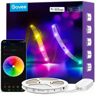 Banda LED RGBIC inteligenta Govee H618A RGBIC, Wi-Fi, Bluetooth, sincronizare muzica, lumina alba si colorata, 5m, compatibil Google Assistant  Alexa