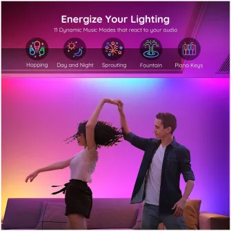 Banda LED RGBIC inteligenta Govee H618A RGBIC, Wi-Fi, Bluetooth, sincronizare muzica, lumina alba si colorata, 5m, compatibil Google Assistant  Alexa