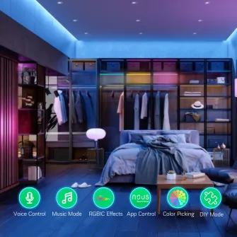 Banda LED RGBIC inteligenta Nous F4, Wi-Fi, sincronizare muzica, control vocal, 18W, lumina colorata, 5m