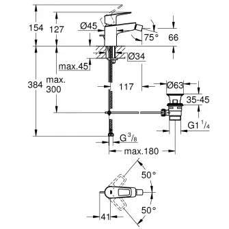Baterie bideu Grohe Bauloop 23338001, 3/8, monocomanda, marimea S, Crom