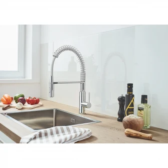 Baterie bucatarie cu dus extractibil Grohe Get, cartus ceramic, monocomanda, 1/2'', dus profesional, 2 functii spray, pivotant, crom