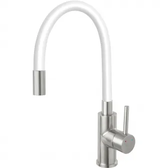 Baterie bucatarie Ferro Zumba BZA4WSS, pipa flexibila, cartus ceramic, corp inox, pipa alba