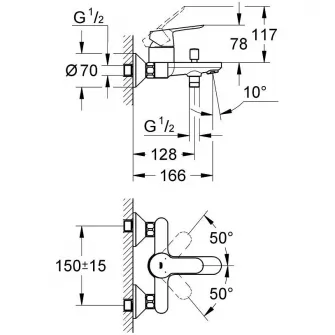 Baterie cada Grohe BauEdge 23334000, 1/2, monocomanda, cartus ceramic, diverter, protectie reflux, crom